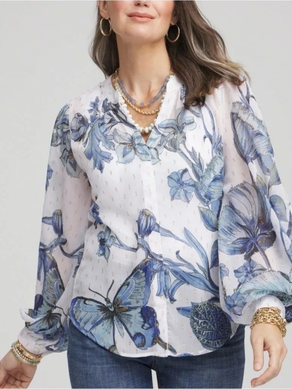 Sz 12 Chico’s Chiffon Butterfly Blouse